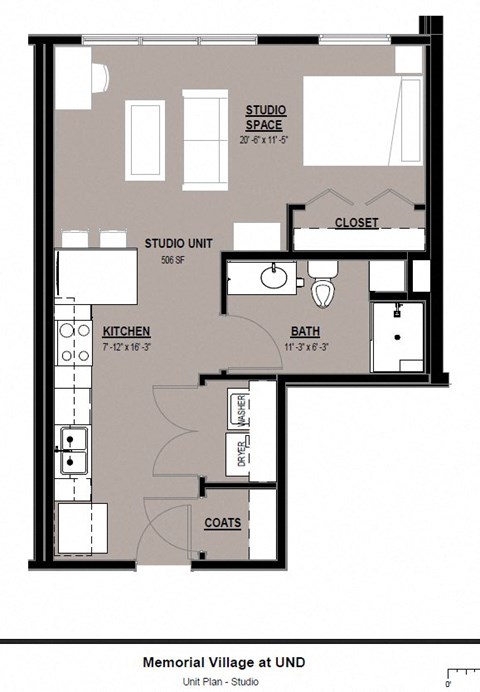 Floor plan for studio, 1 bath, 506 sqft
